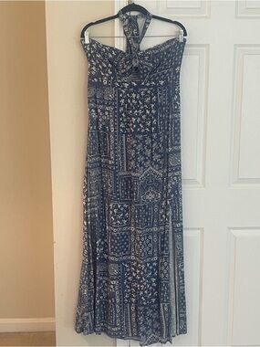 Rewind Navy Blue and White Strapless Maxi Dress with Halter Tie